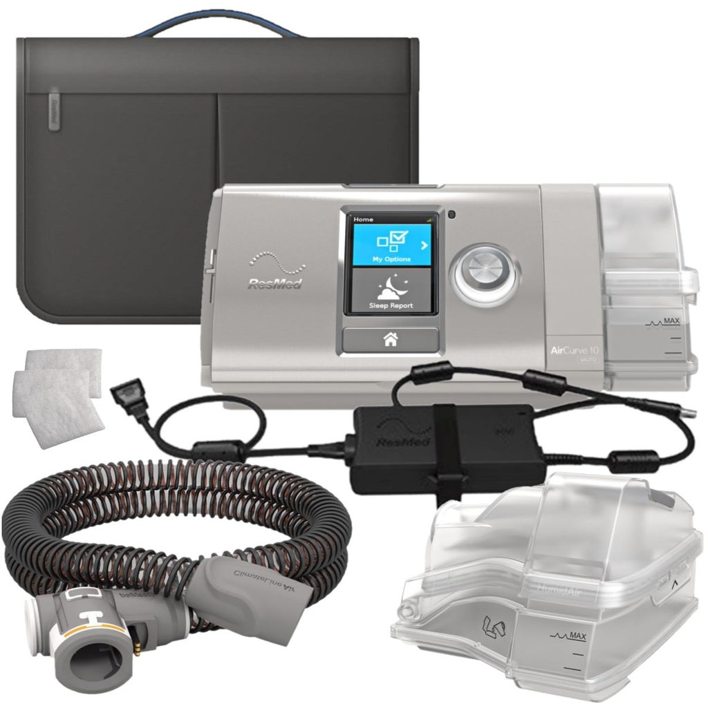 The carrying case, heated tubing, plug, water chamber and filters that comes with the Aircurve ASV 10 machine