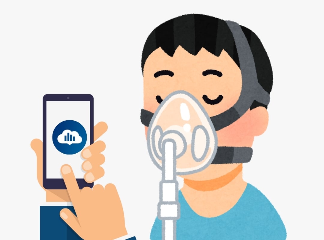 Man with cpap mask, showing the Philips app
