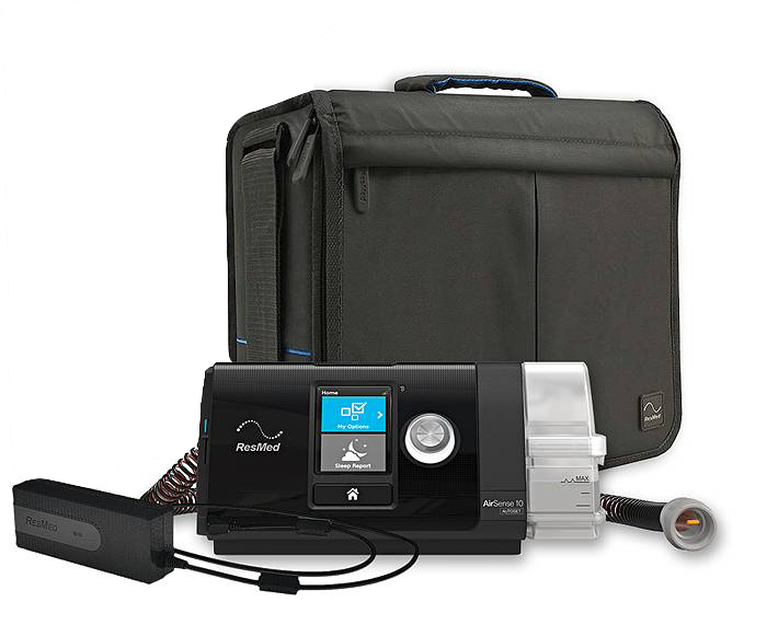 Black airsense CPAP with traveling case and power cables