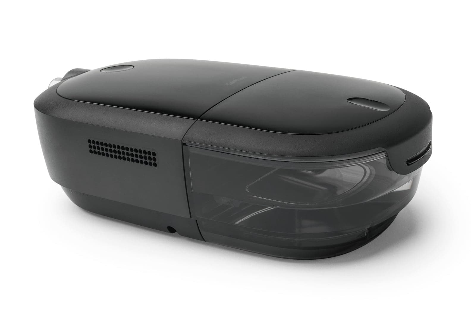 The sleek black Philips DreamStation 2 CPAP machine, angled view